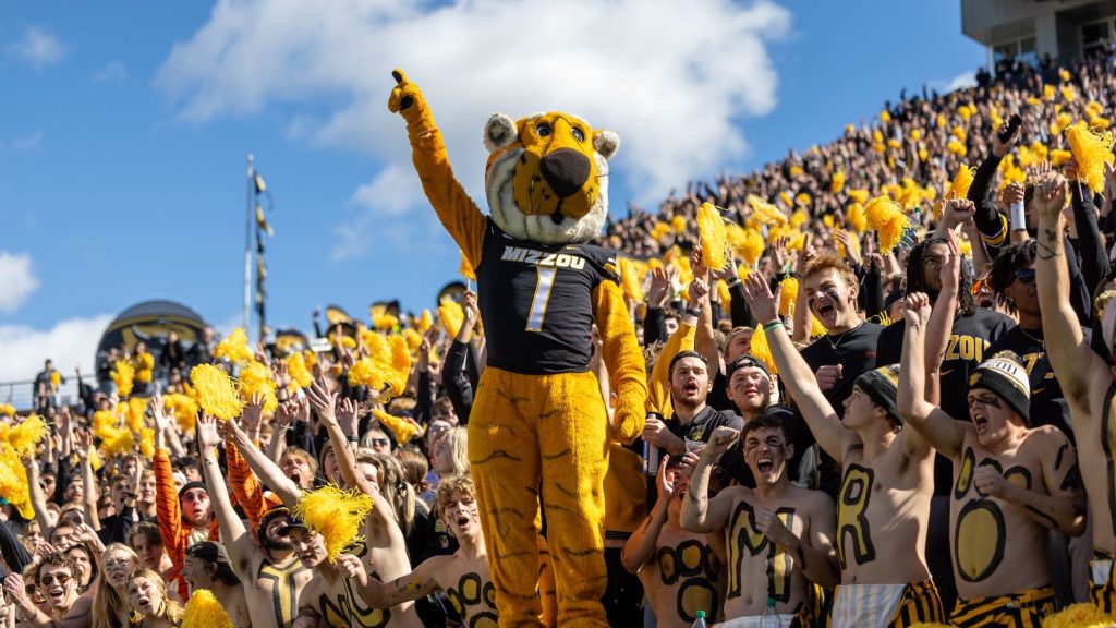 Truman-Tiger-standing-at-student-section-football-game