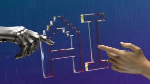 robot and human hands reaching toward ai text